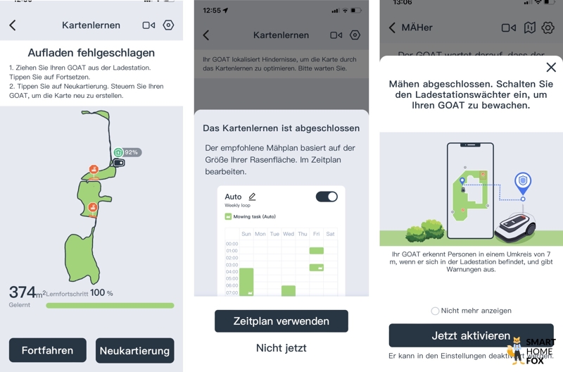 Screenshots der ECOVACS HOME App beim Erstellen des Automatischen Zeitplans